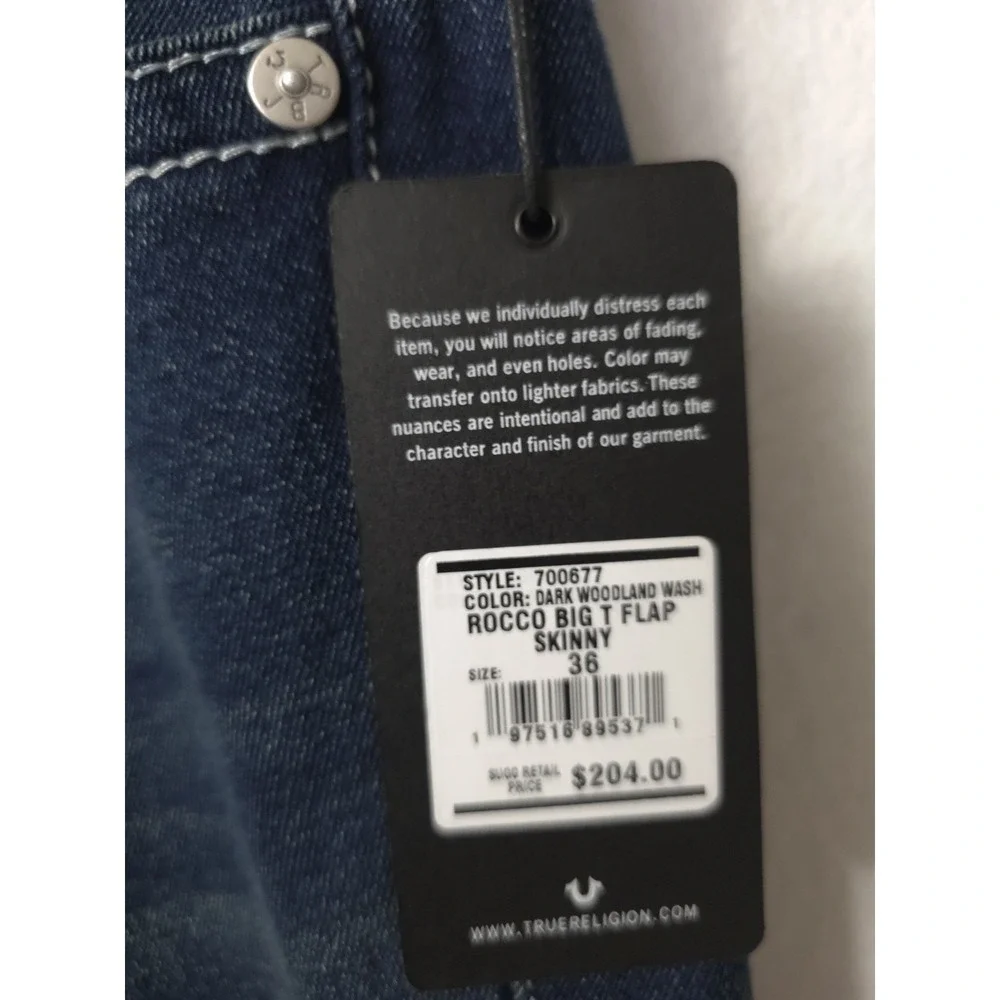 Men's True Religion Rocco Big T Flap Relaxed Skinny Jeans 36x32 700677 Dark Wash